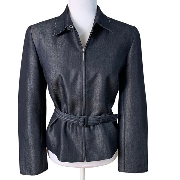 Norton McNaughton Petites Sz 10P Belted Navy Denim-Look Blazer Jacket Full Zip - Picture 1 of 10